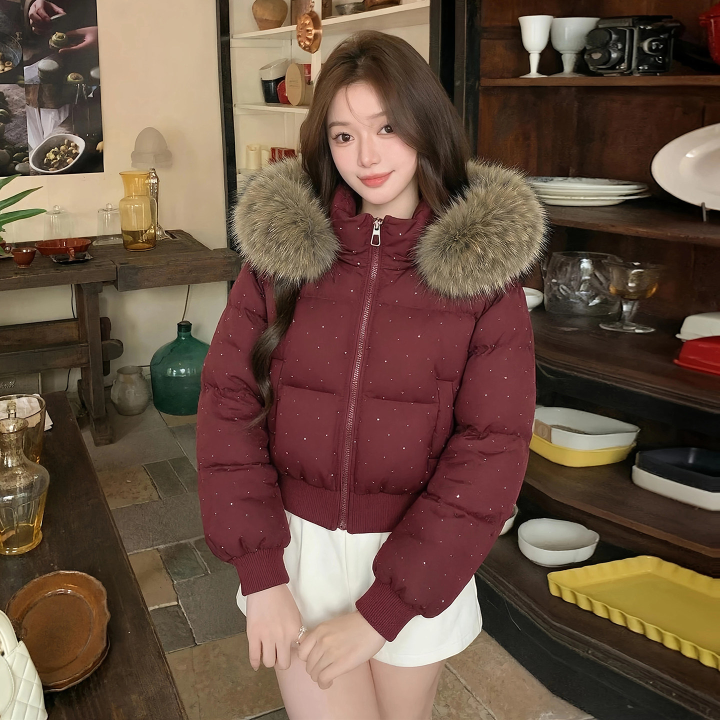 满天星烫钻设计感法式小众羽绒棉服女棉袄秋冬季加厚保暖短款外套