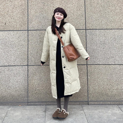 过膝90白鸭绒长款羽绒服外套