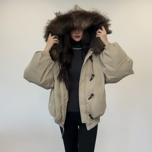 高级感重工大毛领派克羽绒棉服女冬季 加厚保暖牛角扣外套 宽松韩版