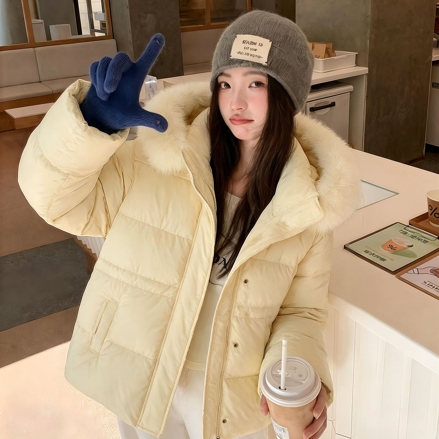 韩版大毛领连帽中长款羽绒棉服女冬季小个子宽松显瘦加厚保暖外套