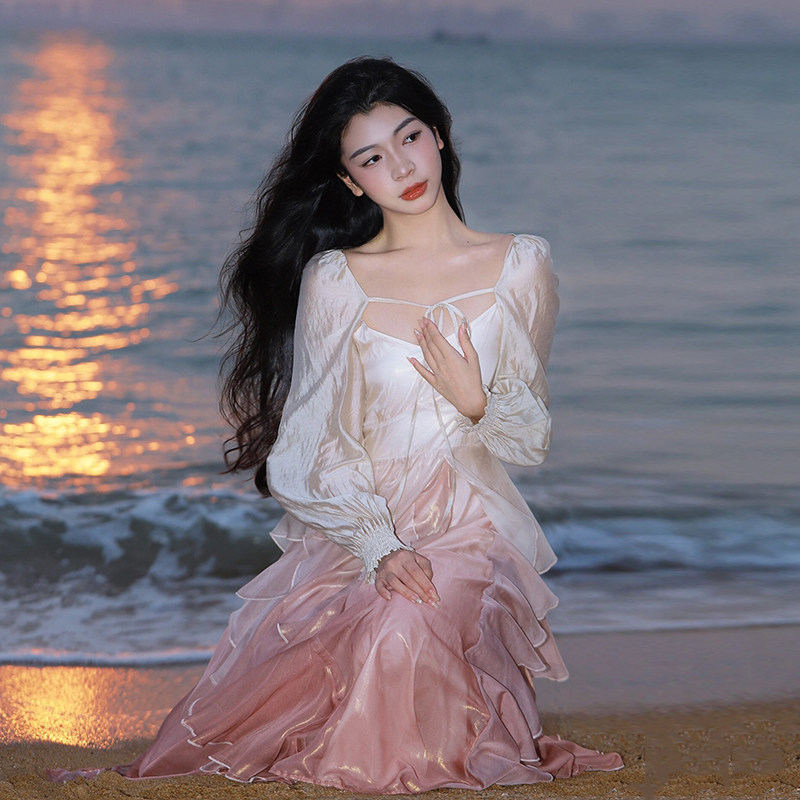 渐变人鱼姬小众吊带裙套装女雪纺2025春夏季新款高级感炸街两件套,女装/女士精品,大码连衣裙,淘宝优惠券,粉丝福利购,淘宝优惠卷