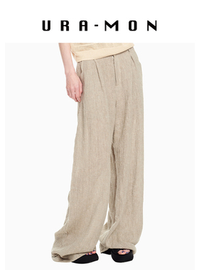 URA-MON｜亚麻褶皱阔腿裤休闲宽松高腰女26春夏款老钱风松弛感
