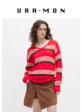 URA-MON｜羊绒镂空v领毛衣2026年春款女休闲宽松廓形设计感慵懒风