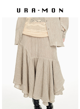URA-MON｜亚麻褶皱半裙不规则设计感女春夏季休闲老钱风中长裙