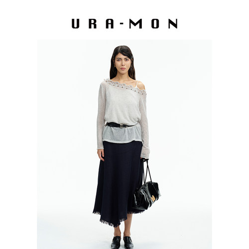 URAMON羊毛亚麻手工钩花套头衫