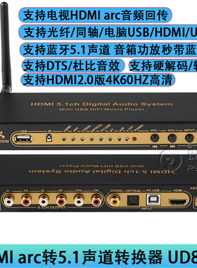 HDMI4K ARC转5.1声道音频解码器光纤同轴AC3杜比DTS带蓝牙U盘播放