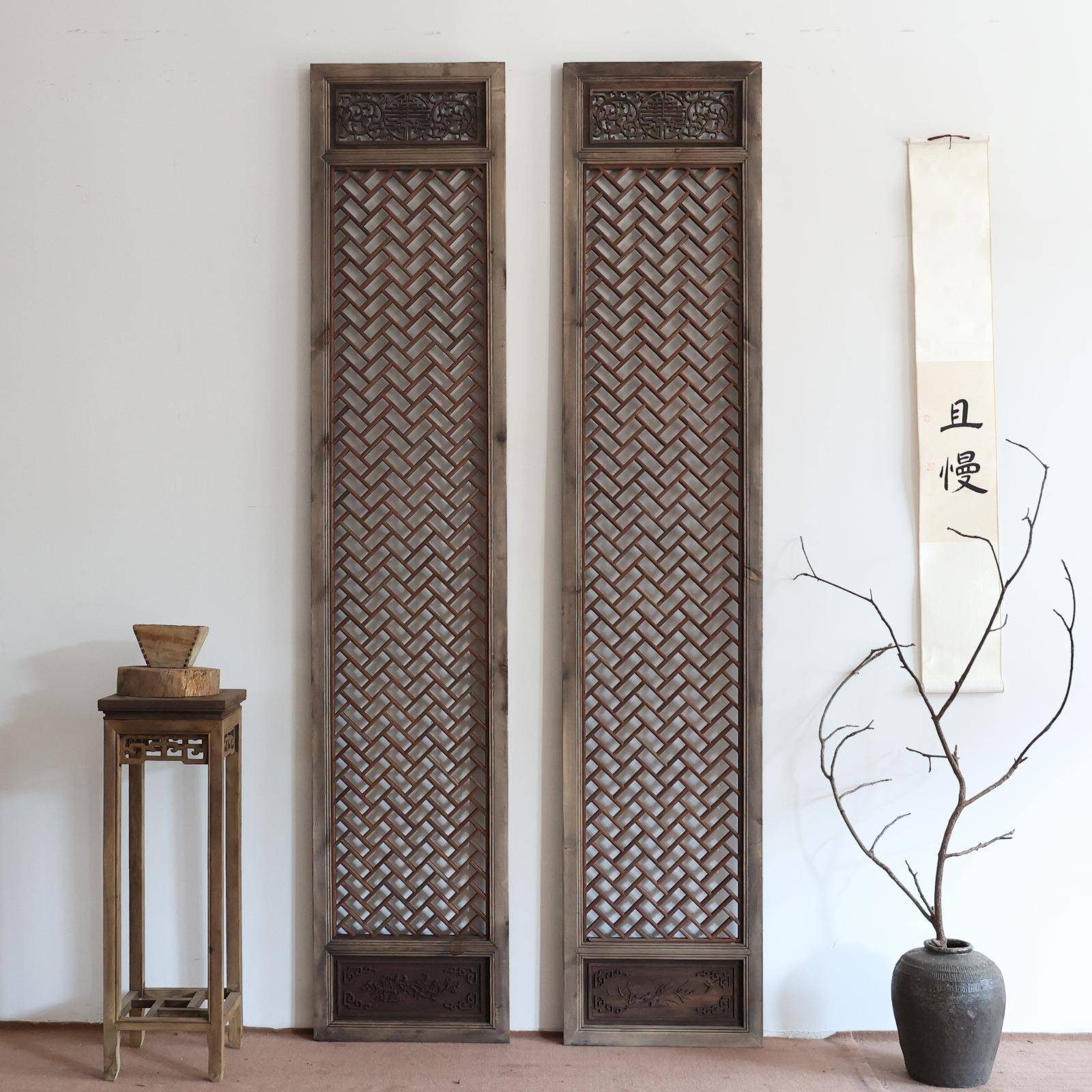 中式实木隔断仿古做旧屏风复古雕刻花格门窗背景墙东阳木雕
