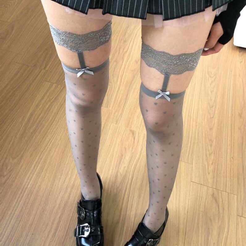 【4双装】夏季新款一体式爱心灰色吊带袜网红ins高筒长筒连裤袜子
