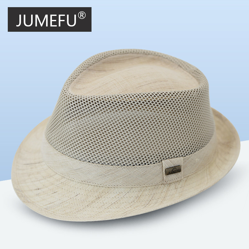 春夏季防晒遮阳帽子男士亚麻镂空网眼礼帽绅士复古草帽凉帽爵士帽