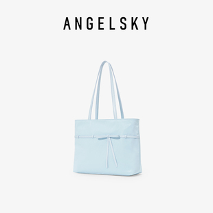 ANGELSKY托特包女大容量单肩包秋冬新款通勤包包蓝色硬挺立体隔层