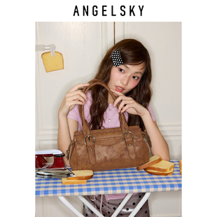 ANGELSKY机车包腋下法棍包单肩波士顿包新款棕色包包秋冬高级感