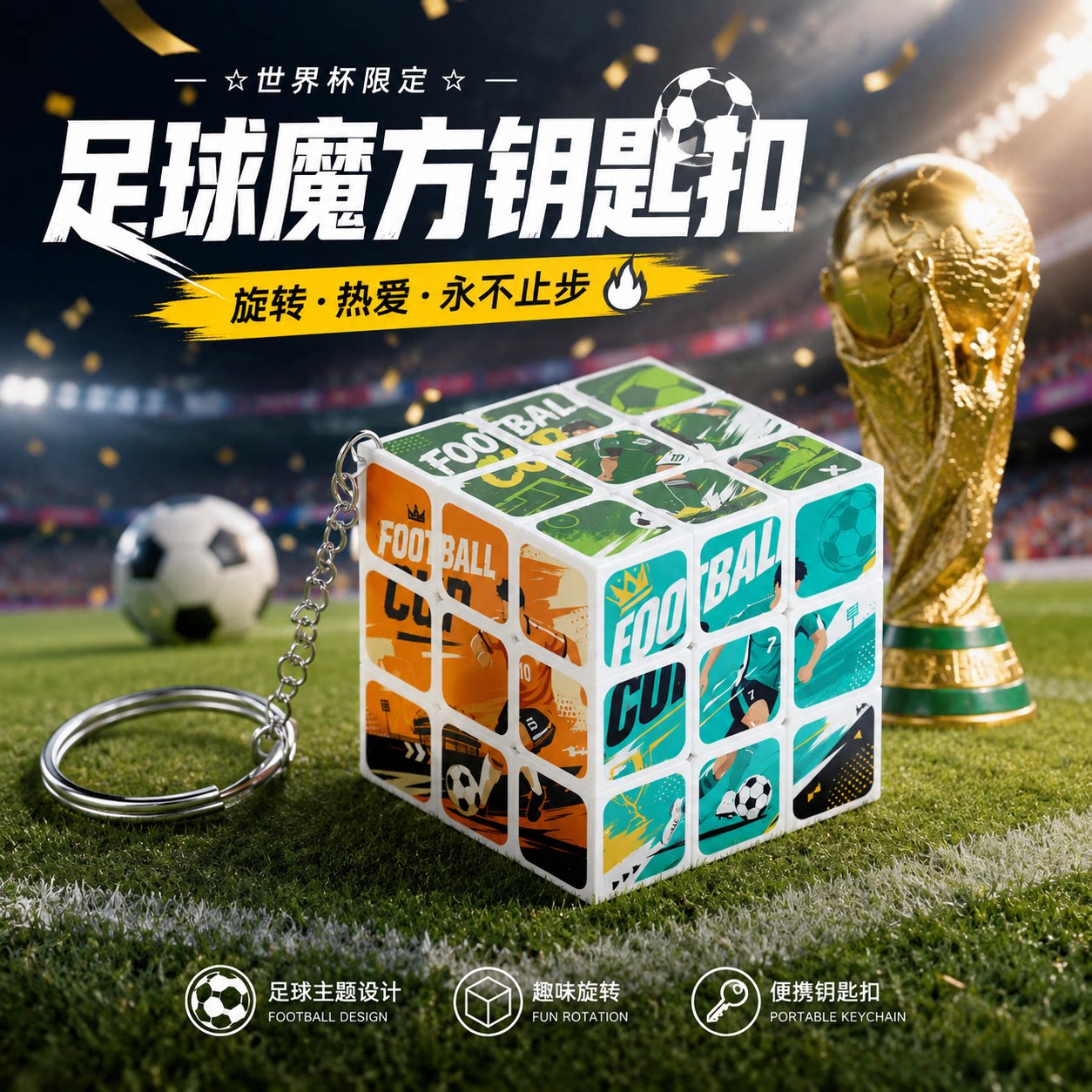 世界杯周边足球钥匙扣魔方三阶创意定制照片解压玩具礼物文创产品图片