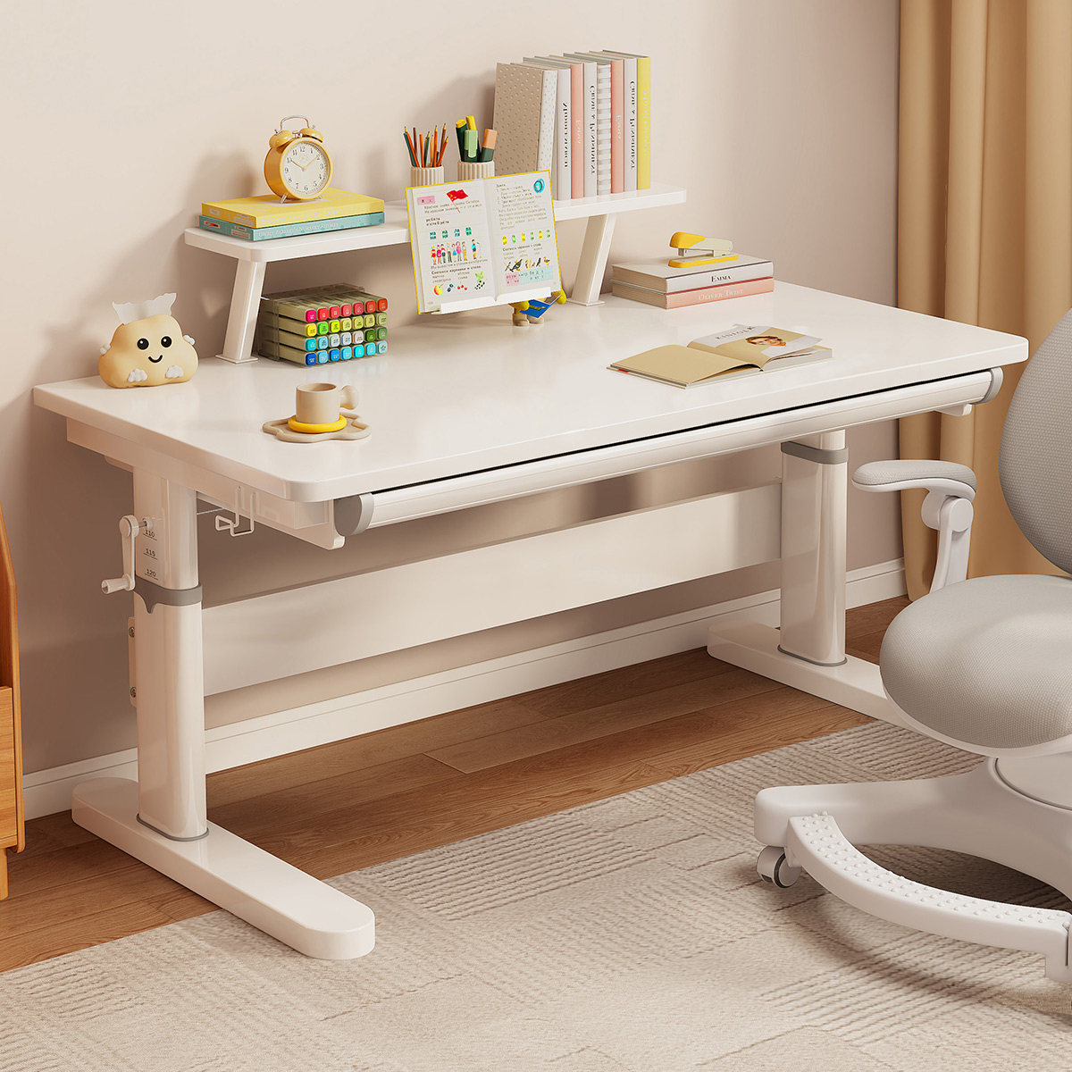 宏势儿童学习桌中小学生家用课桌大白书桌椅套装可升降实木书桌