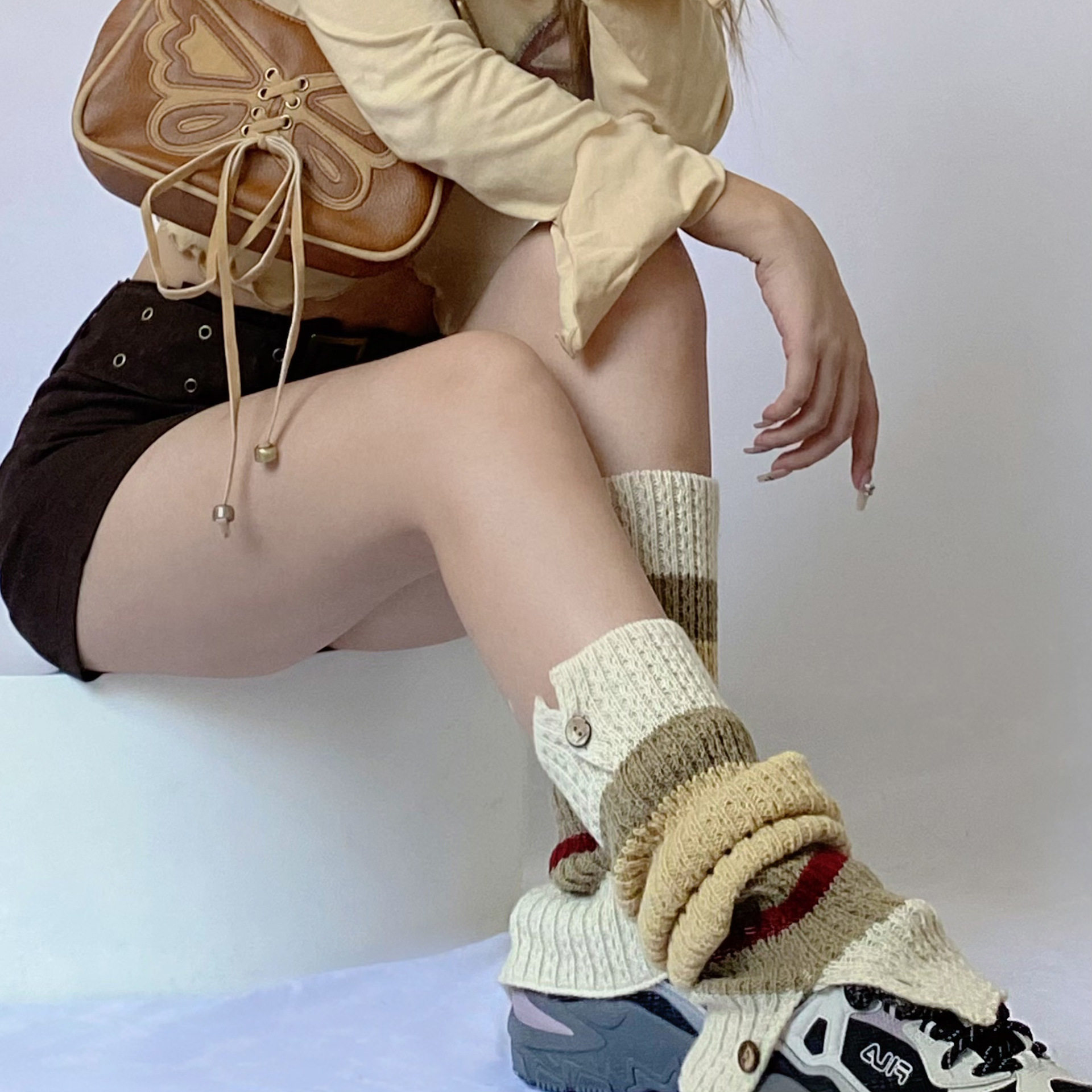 BUTINXX FALL|WINTER RETRO BRITISH-AMERICAN-STYLE COLLEGE BABES COLOR-BLOCKING CONTRASTING INS WIND STACKS KNITTED WOOLEN SOCKS COVERS