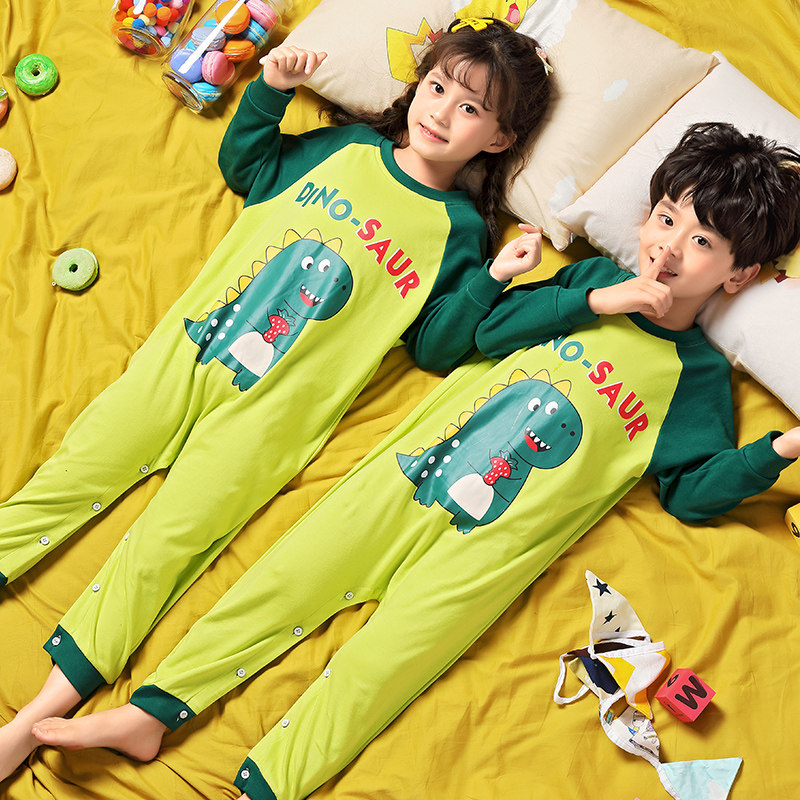 春秋季儿童连体睡衣女童纯棉长袖防踢男孩恐龙卡通中大童夏家居服