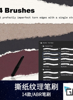 撕裂边缘笔刷白色纸张碎纸边手撕毛边纹理效果笔触画笔PS设计素材