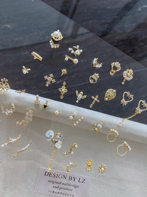 正品LZ高定美甲饰品全钻珍珠金属饰品锆石镶边链条金色饰品搭配集
