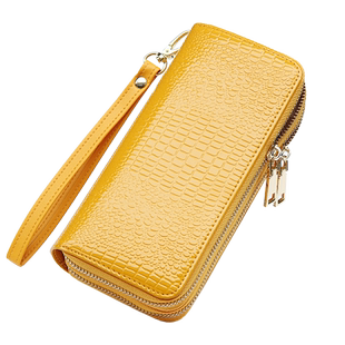 招财黄色钱包女长款大容量时尚双拉链钱夹手机包漆皮手拿包高级感