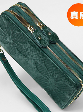 真皮手拿包可放手机手腕包绿色包包高级感女士钱包大容量双层拉链