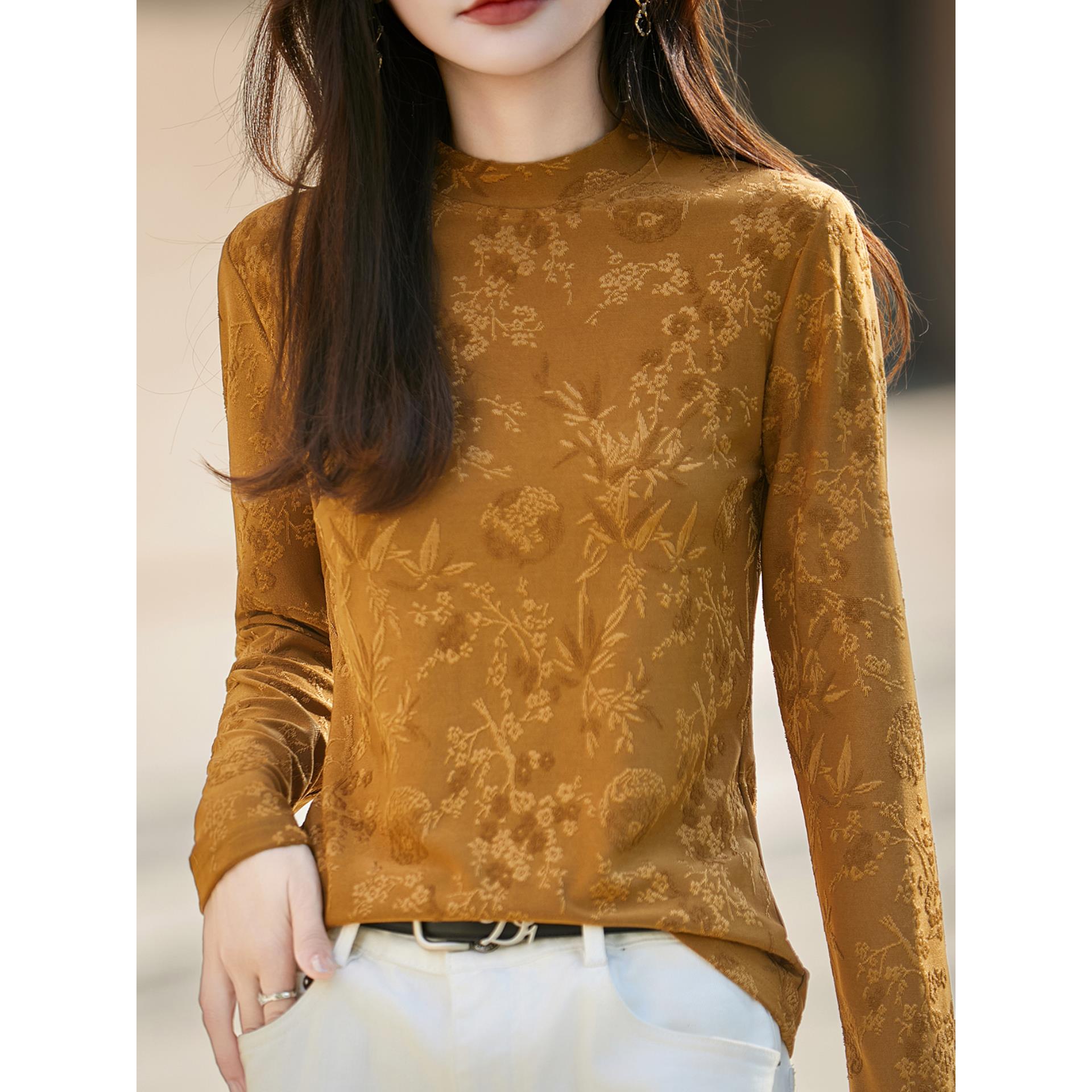 ROUMIKL通勤轻奢浮雕提花针织打底衫女2025新款洋气长袖百搭显瘦