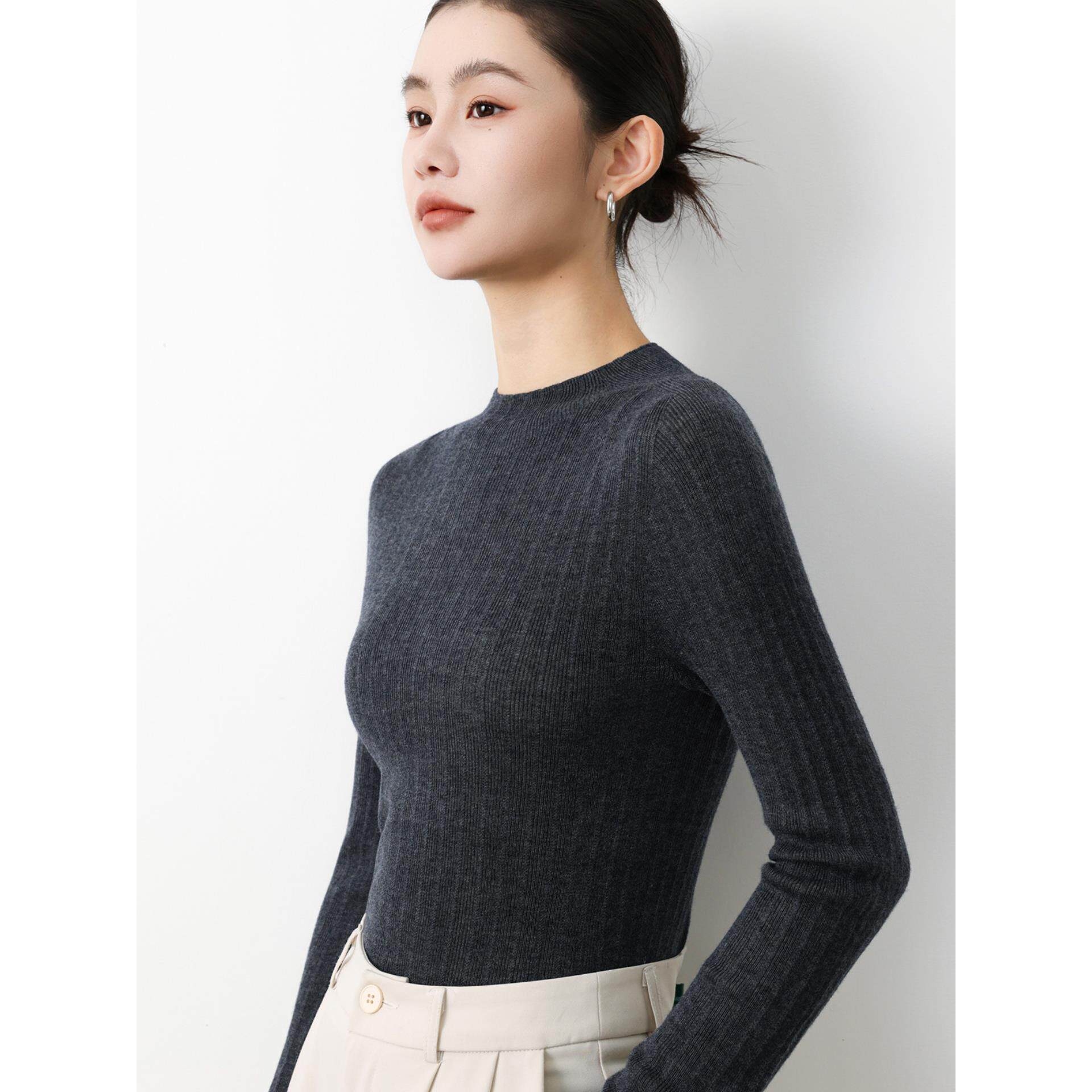 ROUMIKL微透薄款精纺黑色打底衫女无缝一线修身套头内搭长袖针织