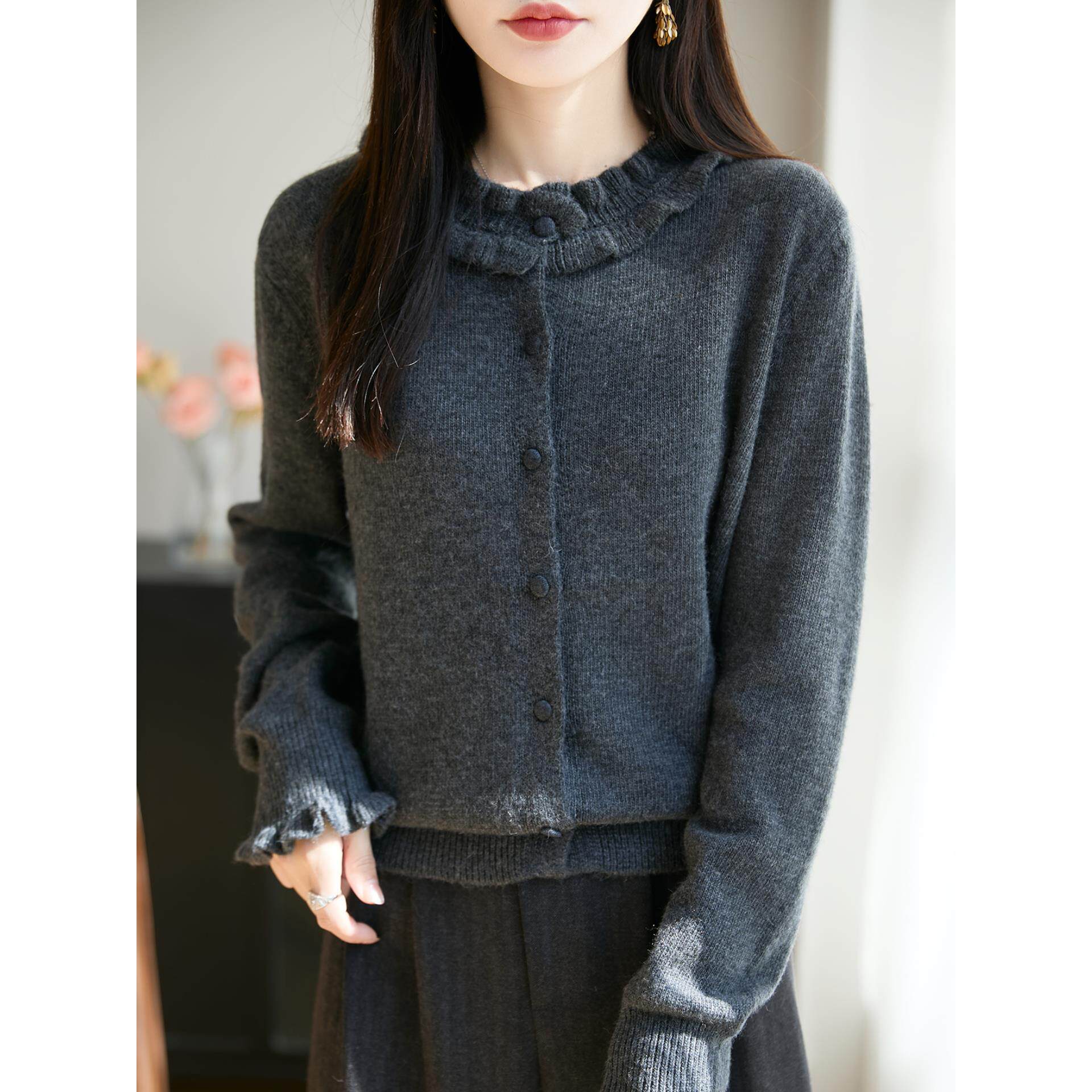 ROUMIKL法式木耳花边领针织开衫女外套毛衣25秋冬新款设计感洋气