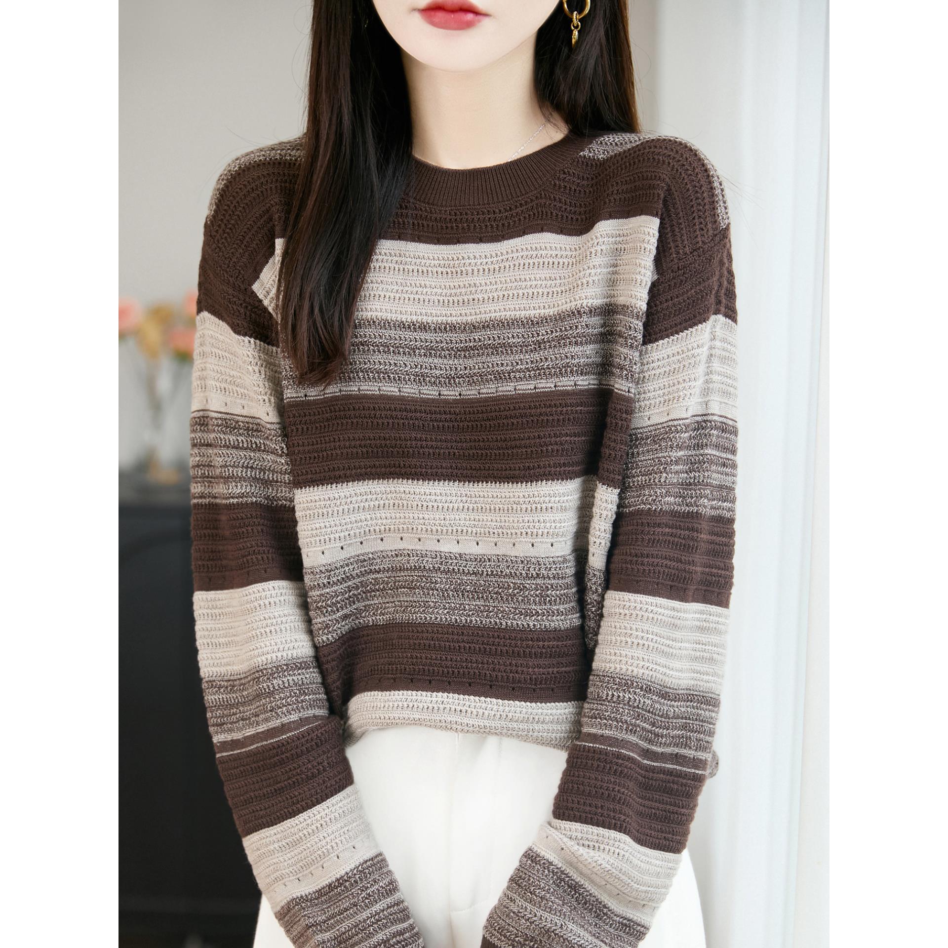 ROUMIKL慵懒风撞色条纹圆领长袖毛衣女25秋冬新款宽松时髦百搭打