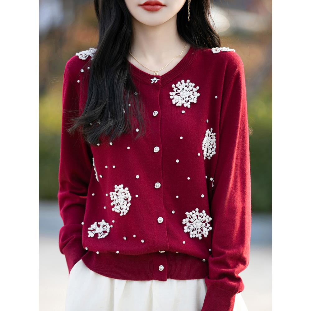 ROUMIKL软糯精彷手工立体花朵钉珠针织开衫外套女设计感小众加厚