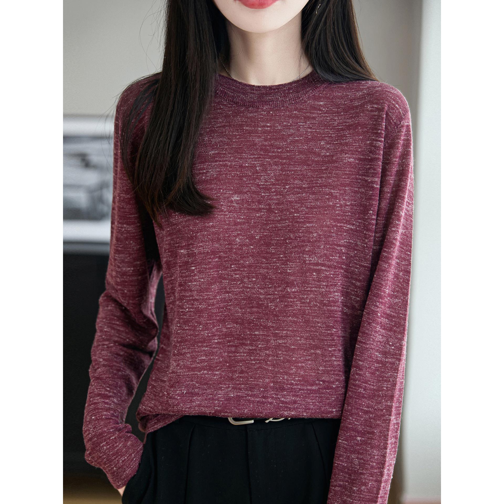 ROUMIKL法式高端彩麻针织长袖T恤女圆领套头打底衫25新洋气内搭薄