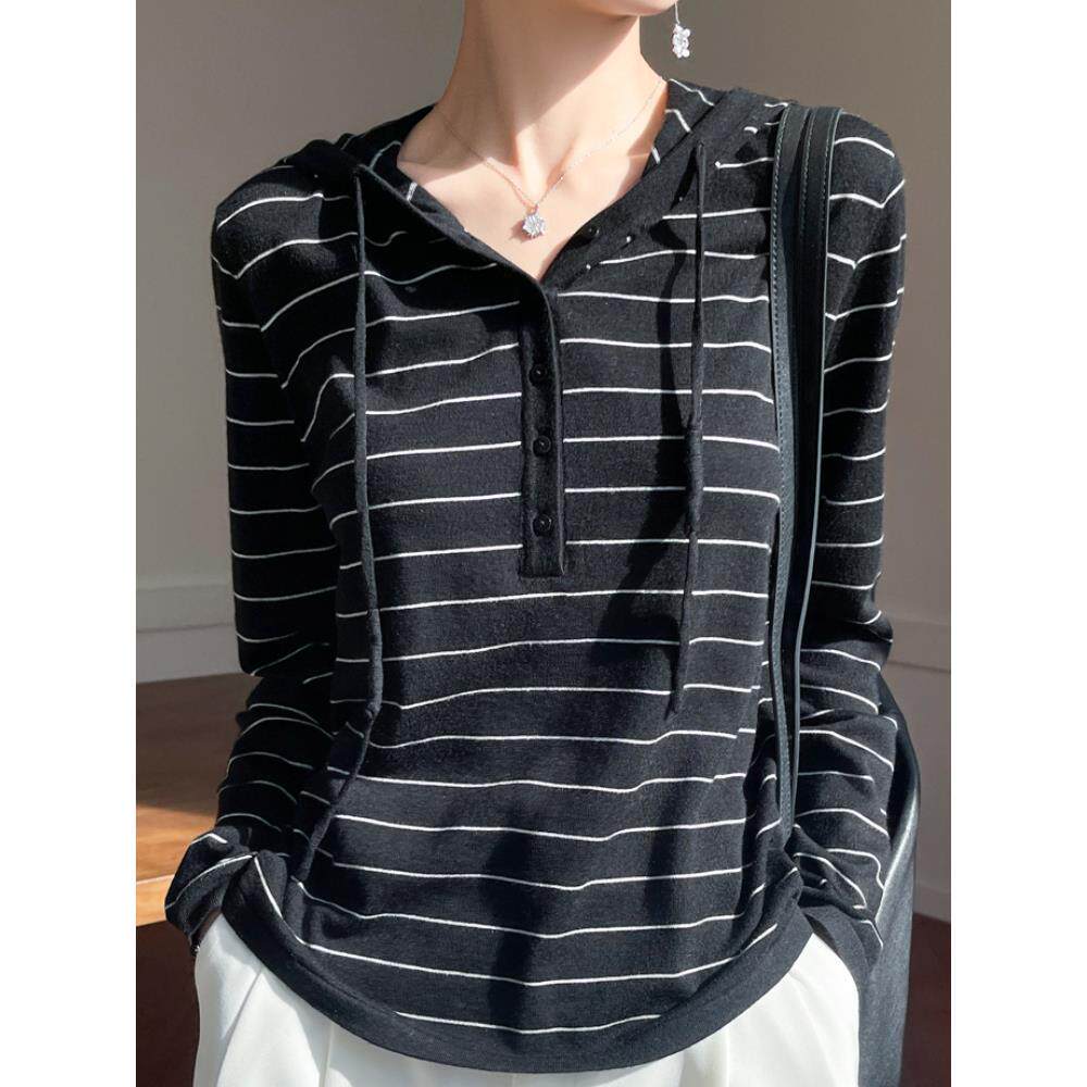 ROUMIKL韩系条纹连帽针织打底衫女2025春秋薄款精纺长袖内搭外穿