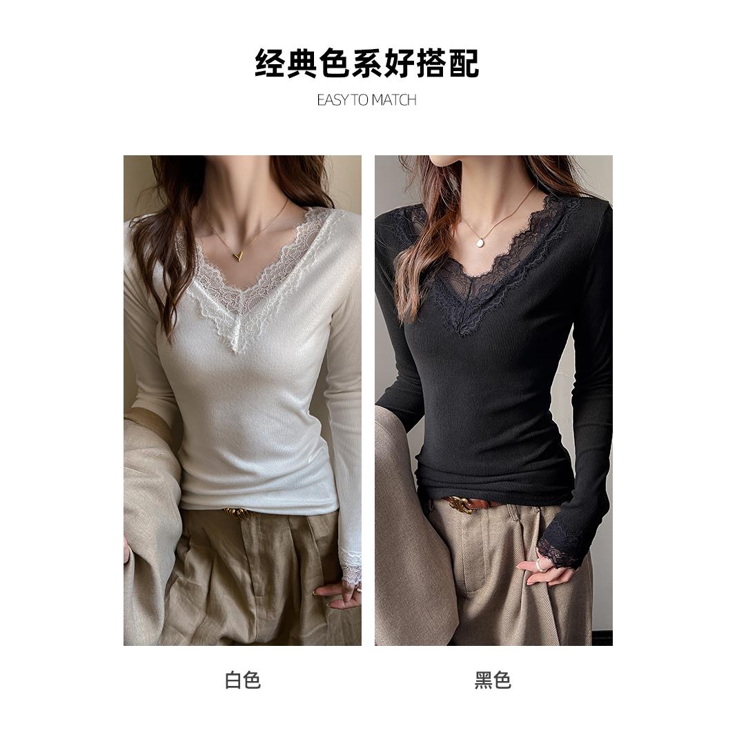 ROUMIKL蕾丝花边V领长袖打底衫女士内搭秋冬季磨毛修身设计感正肩