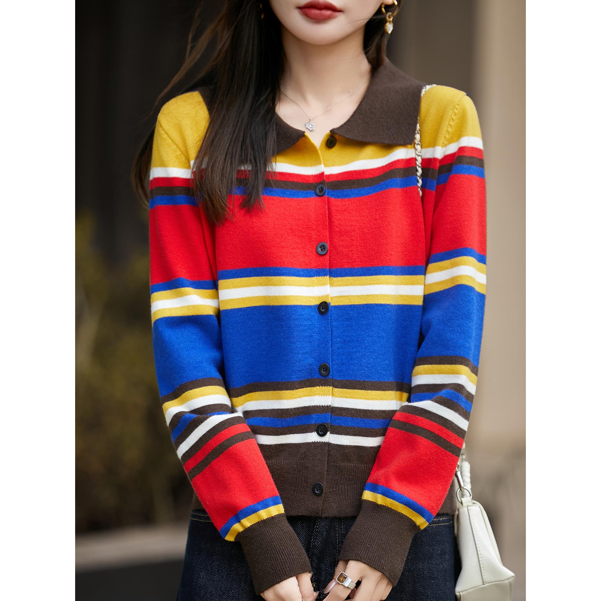 ROUMIKL法式覆古撞色条纹POLO翻领针织开衫女2025新款长袖显瘦毛