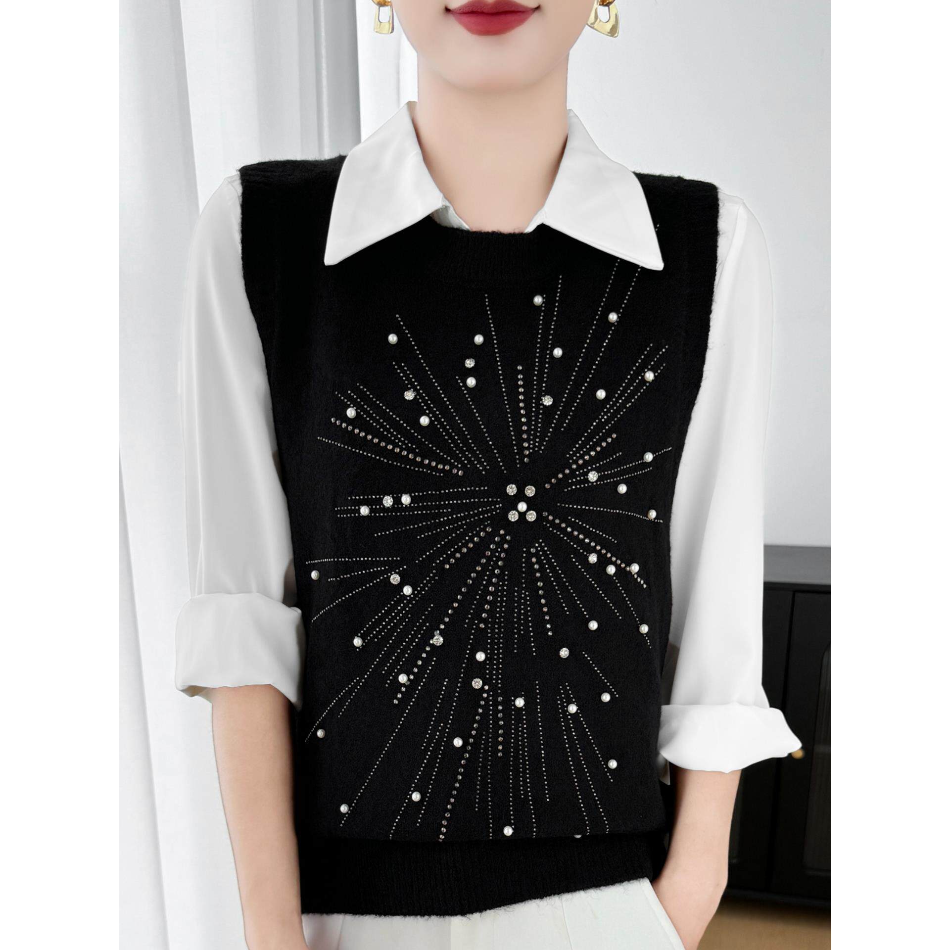 ROUMIKL重工钉珠针织背心马甲女2025新款春秋叠穿毛衣设计感内搭