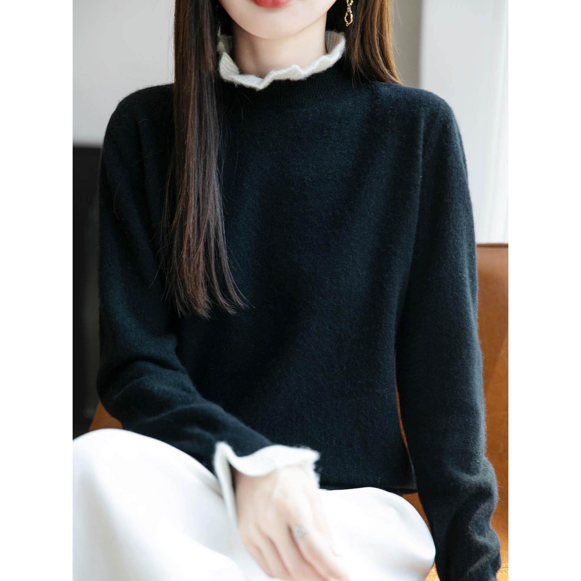 ROUMIKL软糯质感~花边木耳领打底衫女秋冬25新款撞色保暖毛衣内搭