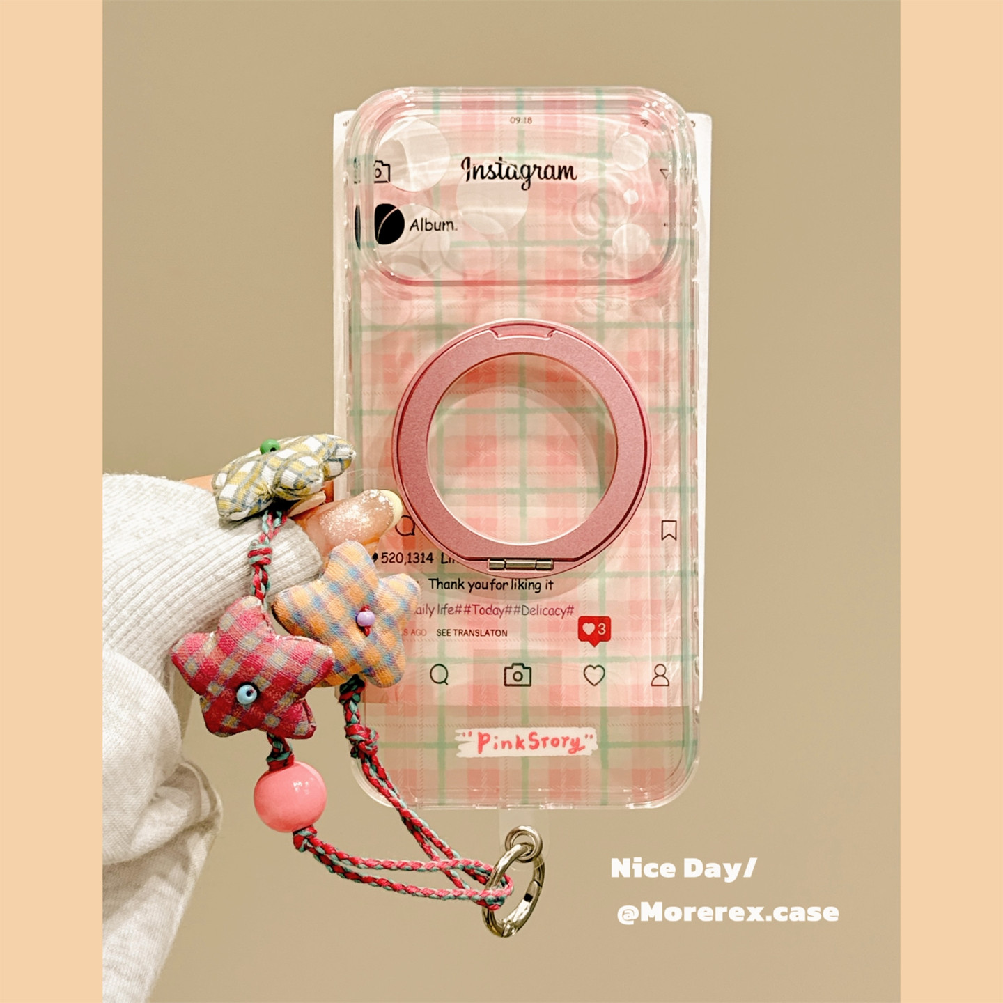 MoreRex韩系ins粉白格纹360旋转支架适用苹果17手机壳iphone16promax新款17pro全包14防摔保护套13女款15双层