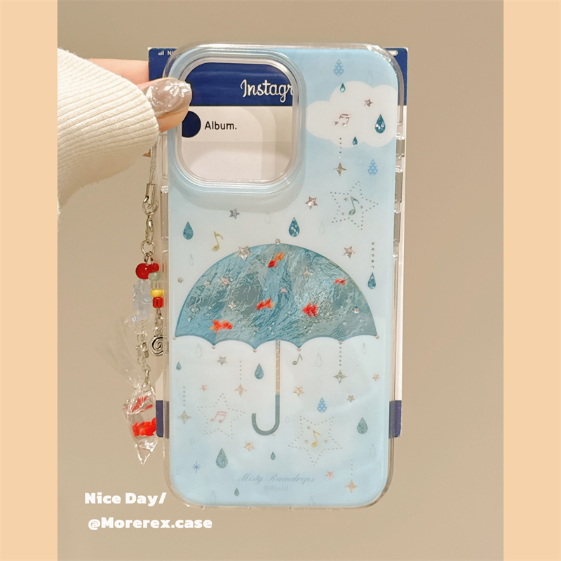 MoreRex ins小众设计清爽闪钻雨滴音符金鱼雨伞适用苹果15手机壳iphone16promax新款14女款13防摔保护套16pro