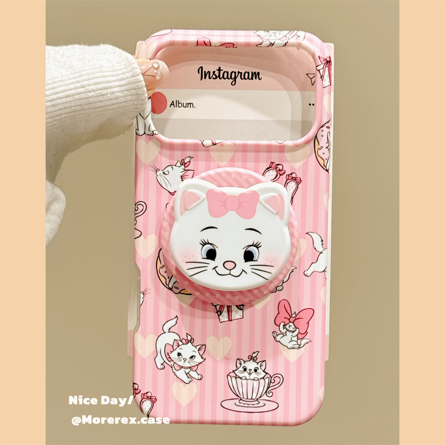 MoreRex粉条纹爱心玛丽猫磁吸支架适用苹果18手机壳二合一iphone17promax新款18pro硬壳15防摔保护套14女款16