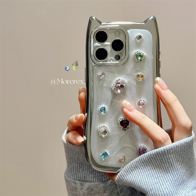 奢华高级立体宝石猫耳朵适用苹果15手机壳冷淡风原创iphone13promax新款女款14pro硅胶保护套12防摔全包16壳