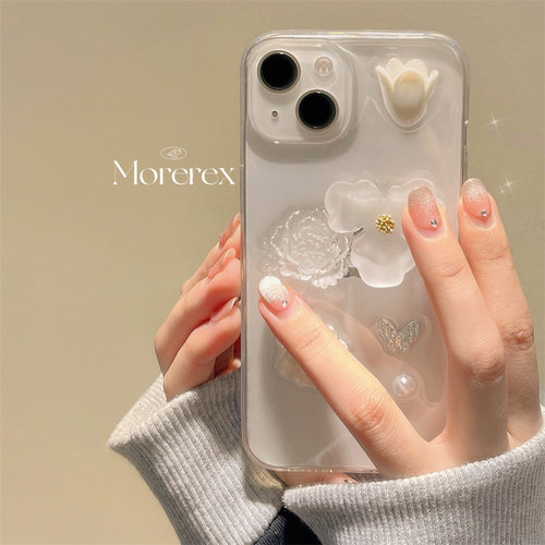 日韩风简约立体花朵滴胶适用iphone16promax苹果15手机壳透明14pro新款12女款11小众防摔13pro硅胶全包保护套