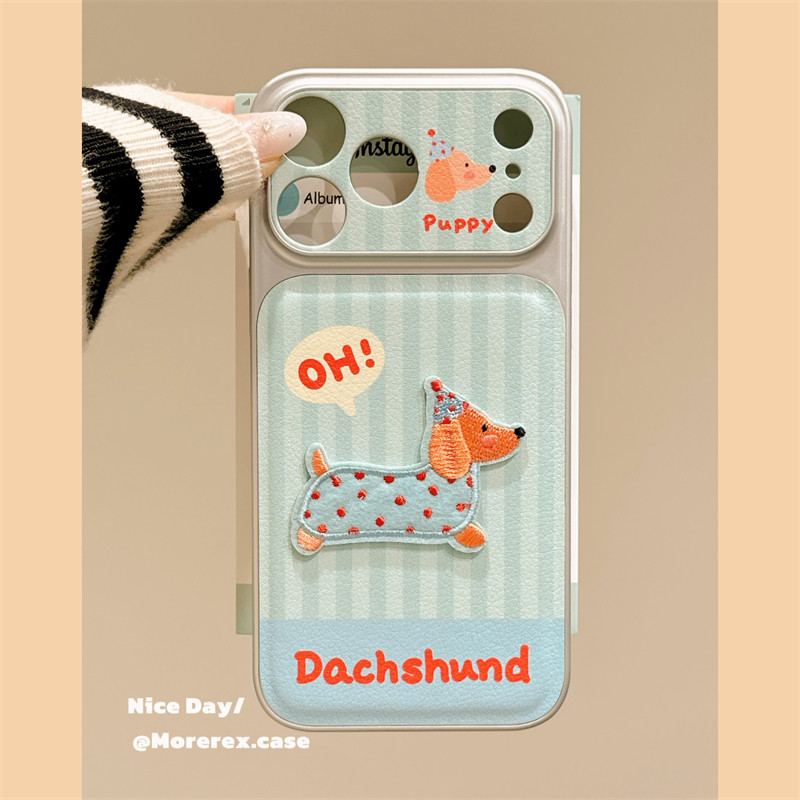 MoreRex卡通可爱蓝绿条纹腊肠狗刺绣适用苹果17手机壳iphone16promax新款17pro全包14防摔保护套13创意15女款,3C数码配件,手机保护套/壳,淘宝优惠券,粉丝福利购,淘宝优惠卷
