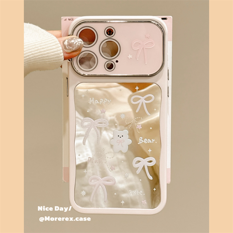 MoreRex可爱粉色蝴蝶结小熊补妆镜适用苹果15手机壳iphone16promax新款14带镜头膜13防摔保护套女16pro大视窗