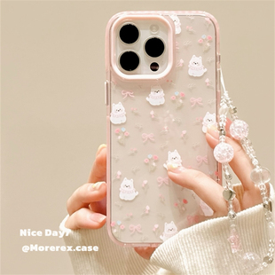 可爱ins 14带链条13防摔保护套16pro女款 MoreRex 韩风粉色花朵西高地狗狗适用苹果15手机壳iphone16promax新款