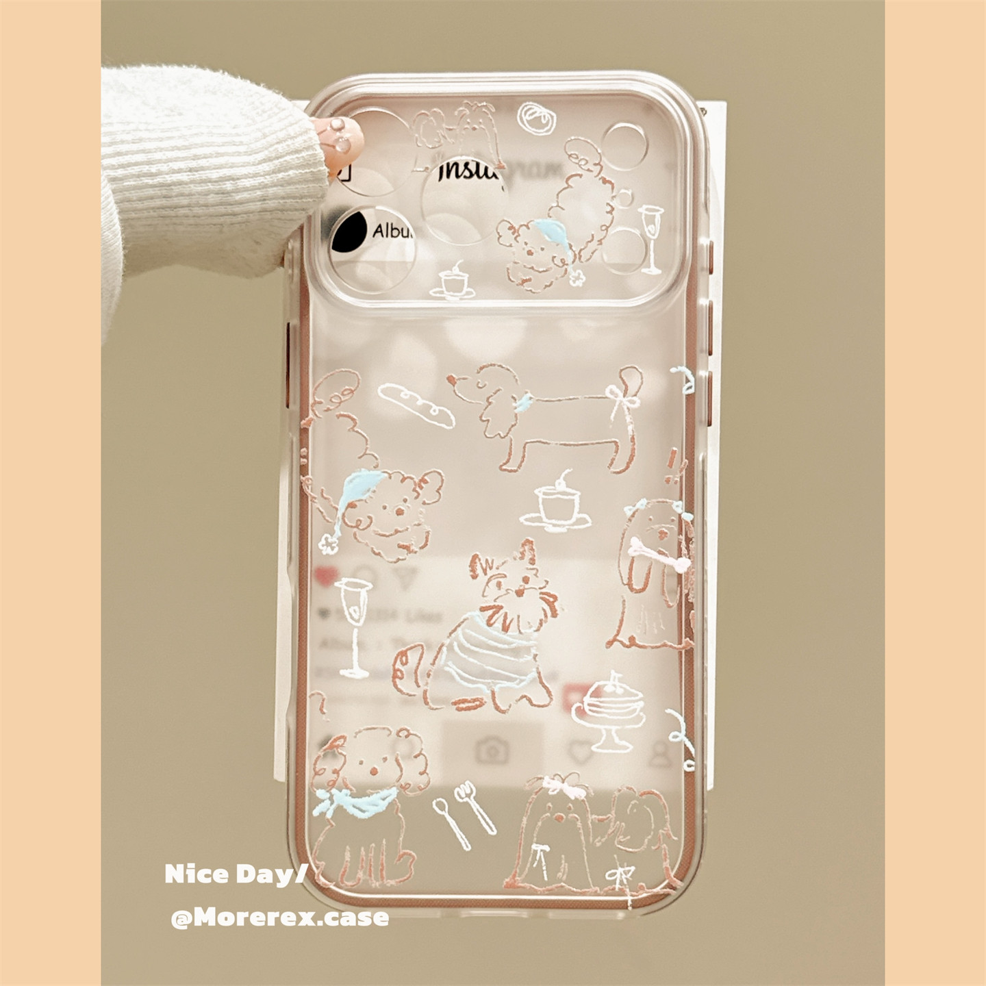 MoreRex 韩系ins棕边线条涂鸦狗狗适用苹果18手机壳iphone17promax新款18pro全包15防摔保护套14少女心16创意