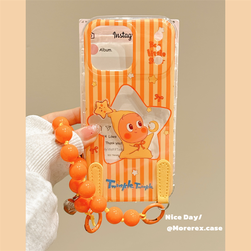 MoreRex 可爱橙色条纹星星小人卡通适用苹果17手机壳iphone16promax新款15pro手提挂绳14防摔保护套13/17女款