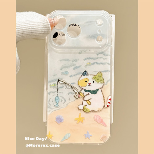 MoreRex水彩卡通海滩猫咪适用苹果18手机壳治愈iphone17promax新款18pro清新14全包防摔保护套14创意16超好看