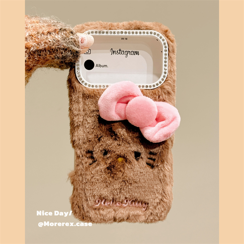 MoreRex 秋冬毛绒茸黑皮kt猫蝴蝶结适用苹果17手机壳iphone16promax新款15pro可爱14防摔保护套13全包17女款