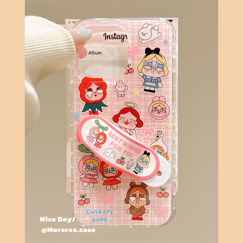 MoreRex 可爱粉色格纹哭娃创口贴支架适用苹果15手机壳iphone16promax新款14双层13防摔保护套16pro少女心ins