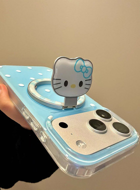 MoreRex ins奶蓝色波点KT猫360磁吸支架适用苹果17手机壳iphone16promax新款15/14防摔保护套13简约17pro女款
