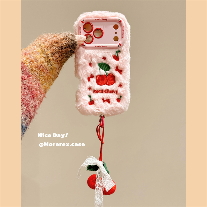 MoreRex秋冬韩系简约刺绣樱桃毛绒茸适用苹果17手机壳iphone16promax新款15pro全包14防摔保护套13甜美17少女