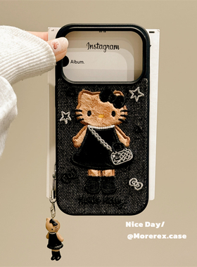 MoreRex ins甜酷小香风黑裙KT猫刺绣牛仔布适用苹果17手机壳iphone16promax新款15pro/14防摔保护套13/17女款